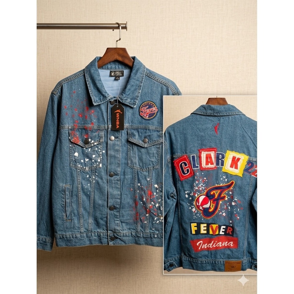 FISLL WNBA Indiana Fever Caitlin Clark‎ Denim Jacket L NWT Embroidered Patches